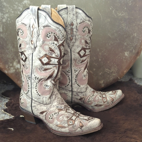 CORRAL AB084 "Sadler" ivory leather bronze cross cowgirl boot snip toe sz 9.5 - Picture 8 of 16